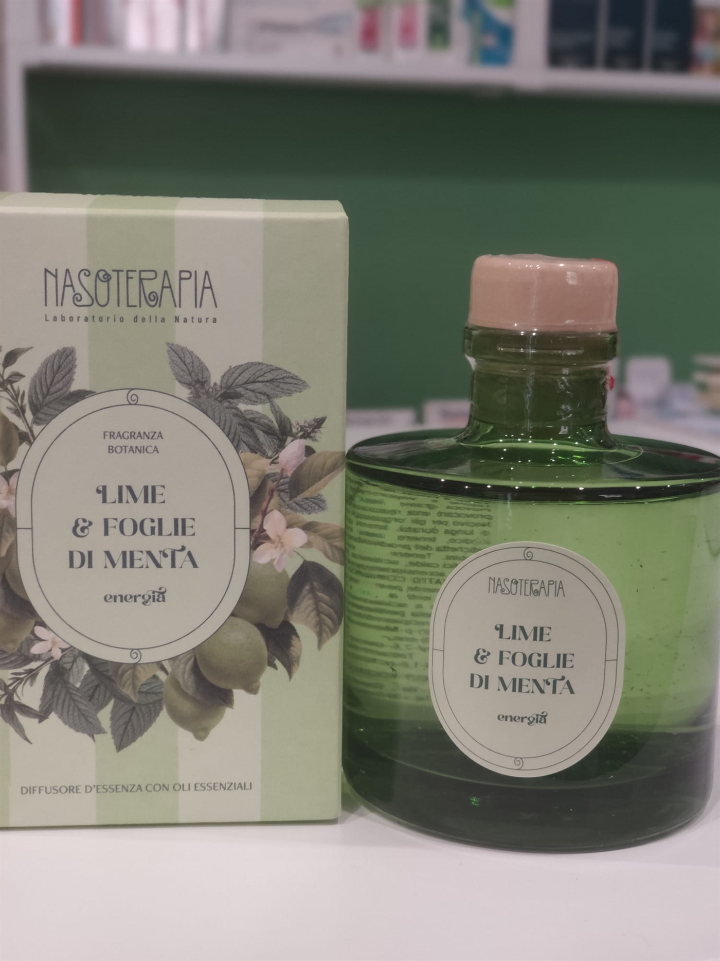 Diffusore d'essenza con bastoncini Lime e foglie di Menta - Nasoterapia - 200jjml